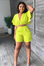 Gefaltetes Crop-Top | tiefer V-Ausschnitt | High-Waist Shorts | luftiger Stoff | Taschen-Grün-S-Luzern Mode