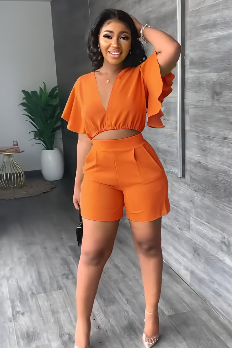 Gefaltetes Crop-Top | tiefer V-Ausschnitt | High-Waist Shorts | luftiger Stoff | Taschen-Orange-S-Luzern Mode