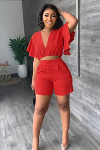 Gefaltetes Crop-Top | tiefer V-Ausschnitt | High-Waist Shorts | luftiger Stoff | Taschen-Rot-S-Luzern Mode