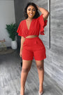 Gefaltetes Crop-Top | tiefer V-Ausschnitt | High-Waist Shorts | luftiger Stoff | Taschen-Rot-S-Luzern Mode