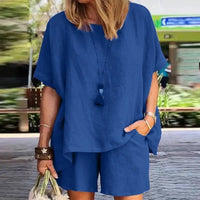 Leinen Set Damen zweiteilig | Shirt kurzarm | Shorts weit | atmungsaktiv | leicht-Blau-S-Luzern Mode