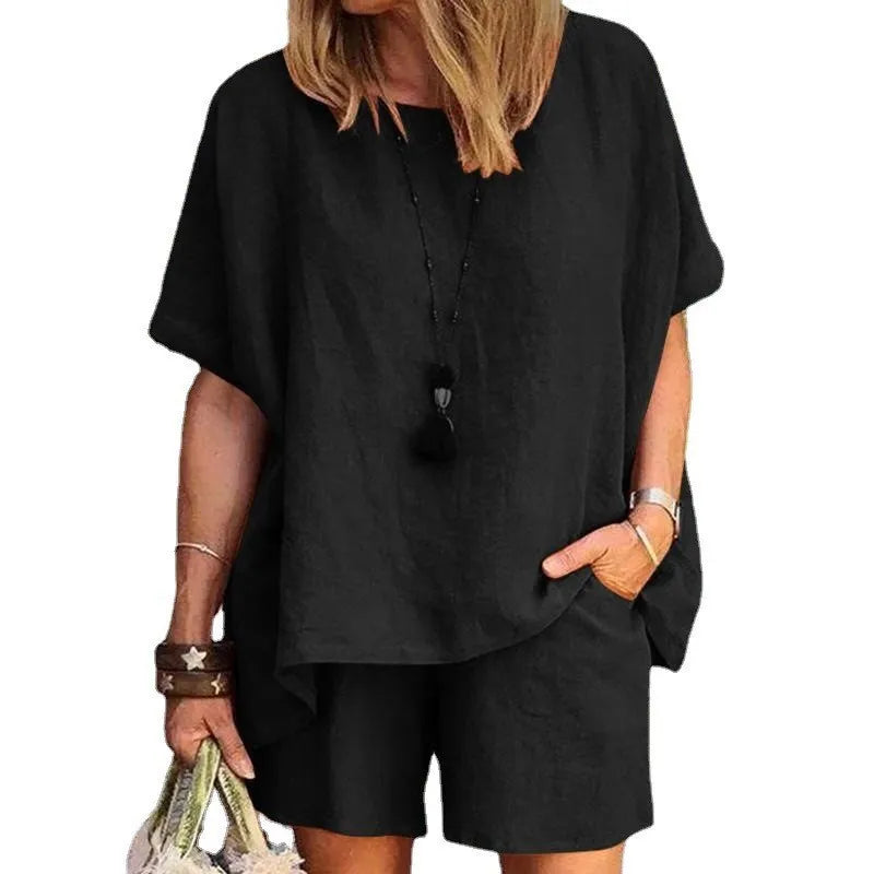 Leinen Set Damen zweiteilig | Shirt kurzarm | Shorts weit | atmungsaktiv | leicht-Luzern Mode