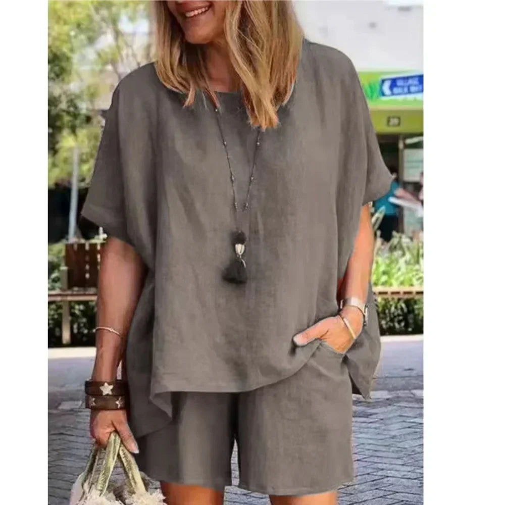 Leinen Set Damen zweiteilig | Shirt kurzarm | Shorts weit | atmungsaktiv | leicht-Grau-S-Luzern Mode