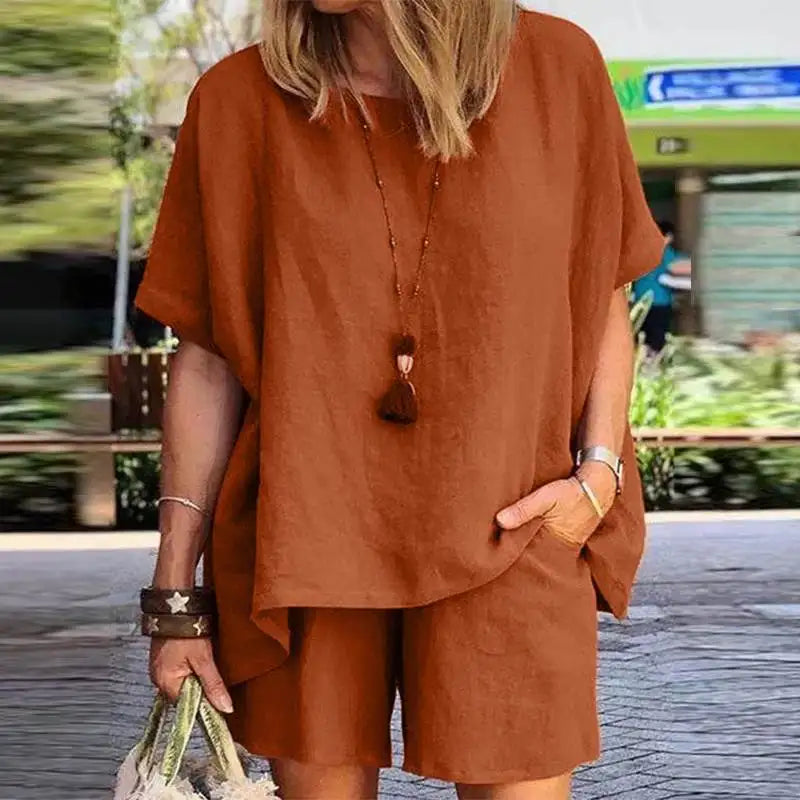 Leinen Set Damen zweiteilig | Shirt kurzarm | Shorts weit | atmungsaktiv | leicht-Kastanienbraun-S-Luzern Mode