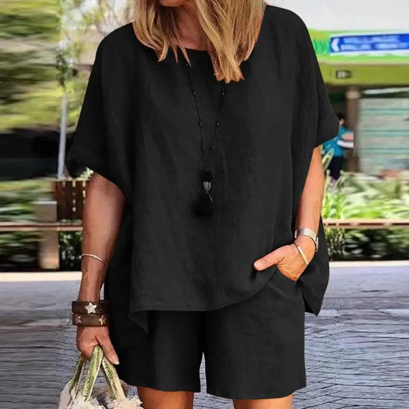Leinen Set Damen zweiteilig | Shirt kurzarm | Shorts weit | atmungsaktiv | leicht-Schwarz-S-Luzern Mode