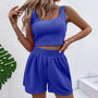 Zweiteiler Damen Sommer | Croptop ärmellos | Shorts elastisch | weich | atmungsaktiv-Blau-S-Luzern Mode