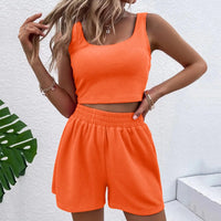 Zweiteiler Damen Sommer | Croptop ärmellos | Shorts elastisch | weich | atmungsaktiv-Orange-S-Luzern Mode