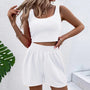 Zweiteiler Damen Sommer | Croptop ärmellos | Shorts elastisch | weich | atmungsaktiv-Weiß-S-Luzern Mode