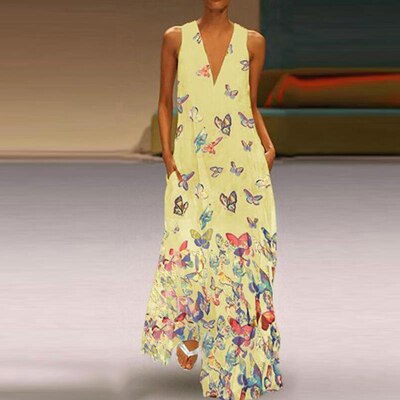 Luftiges Sommerkleid Damen | Maxi | Schmetterlingsprint | Farbenfroh | Ärmellos-Gelb-S-Luzern Mode