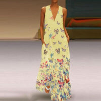 Luftiges Sommerkleid Damen | Maxi | Schmetterlingsprint | Farbenfroh | Ärmellos-Gelb-S-Luzern Mode