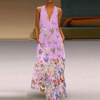 Luftiges Sommerkleid Damen | Maxi | Schmetterlingsprint | Farbenfroh | Ärmellos-Helllila-S-Luzern Mode
