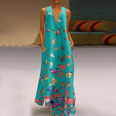 Luftiges Sommerkleid Damen | Maxi | Schmetterlingsprint | Farbenfroh | Ärmellos-Türkis-S-Luzern Mode