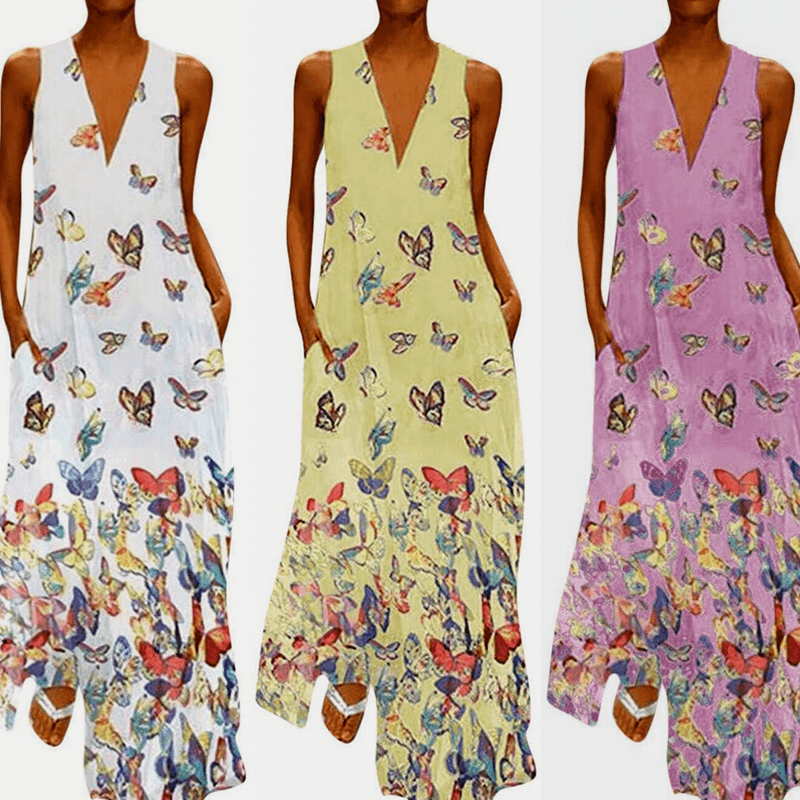 Luftiges Sommerkleid Damen | Maxi | Schmetterlingsprint | Farbenfroh | Ärmellos-Luzern Mode