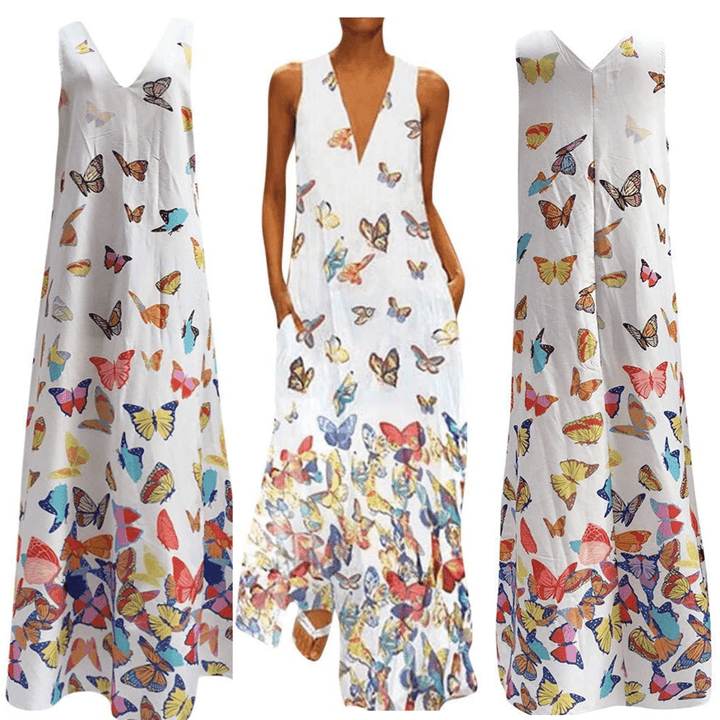 Luftiges Sommerkleid Damen | Maxi | Schmetterlingsprint | Farbenfroh | Ärmellos-Weiß-S-Luzern Mode