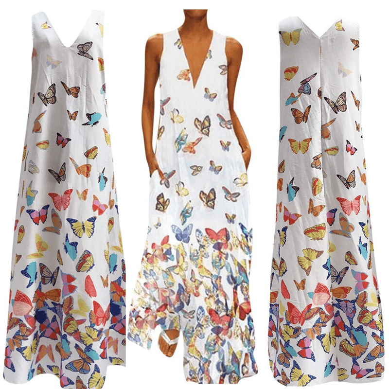 Luftiges Sommerkleid Damen | Maxi | Schmetterlingsprint | Farbenfroh | Ärmellos-Weiß-S-Luzern Mode