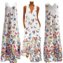 Luftiges Sommerkleid Damen | Maxi | Schmetterlingsprint | Farbenfroh | Ärmellos-Weiß-S-Luzern Mode