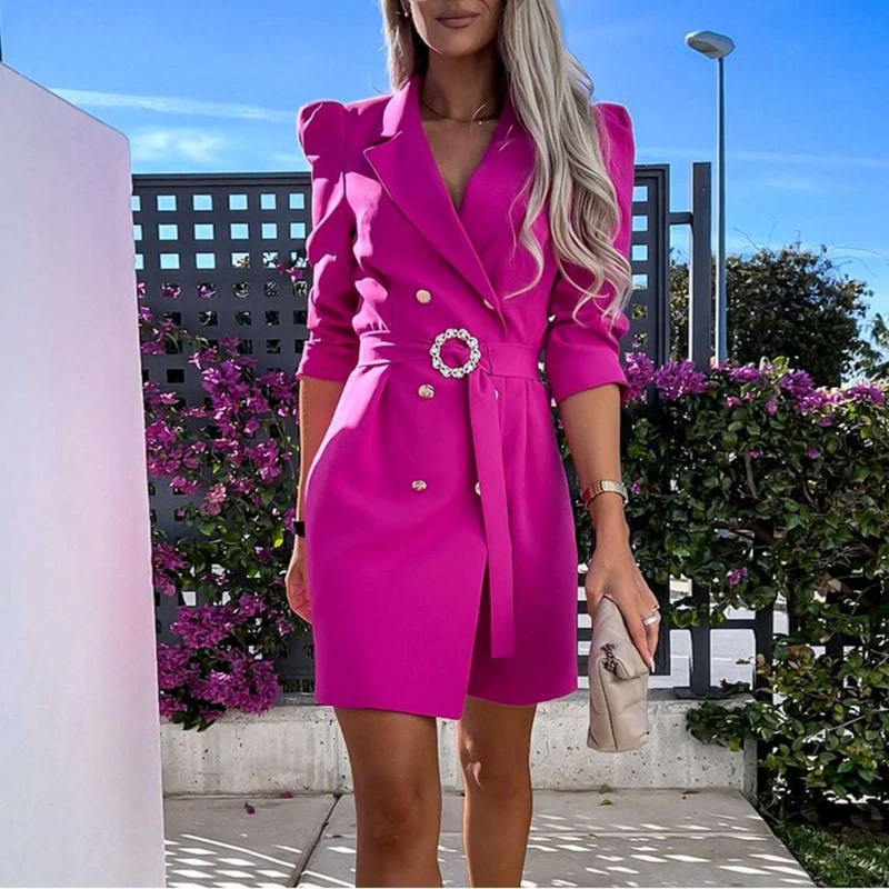Damen Blazer Kleid mit Gürtel und Knopfleiste Elegant-Rosa-S-Luzern Mode