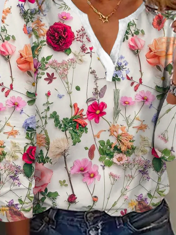 Blumenmuster Damenbluse mit V-Ausschnitt und Langarm-Luzern Mode