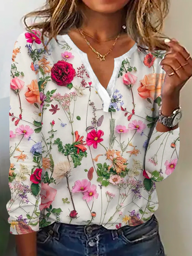 Blumenmuster Damenbluse mit V-Ausschnitt und Langarm-S-Luzern Mode
