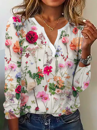 Blumenmuster Damenbluse mit V-Ausschnitt und Langarm-S-Luzern Mode