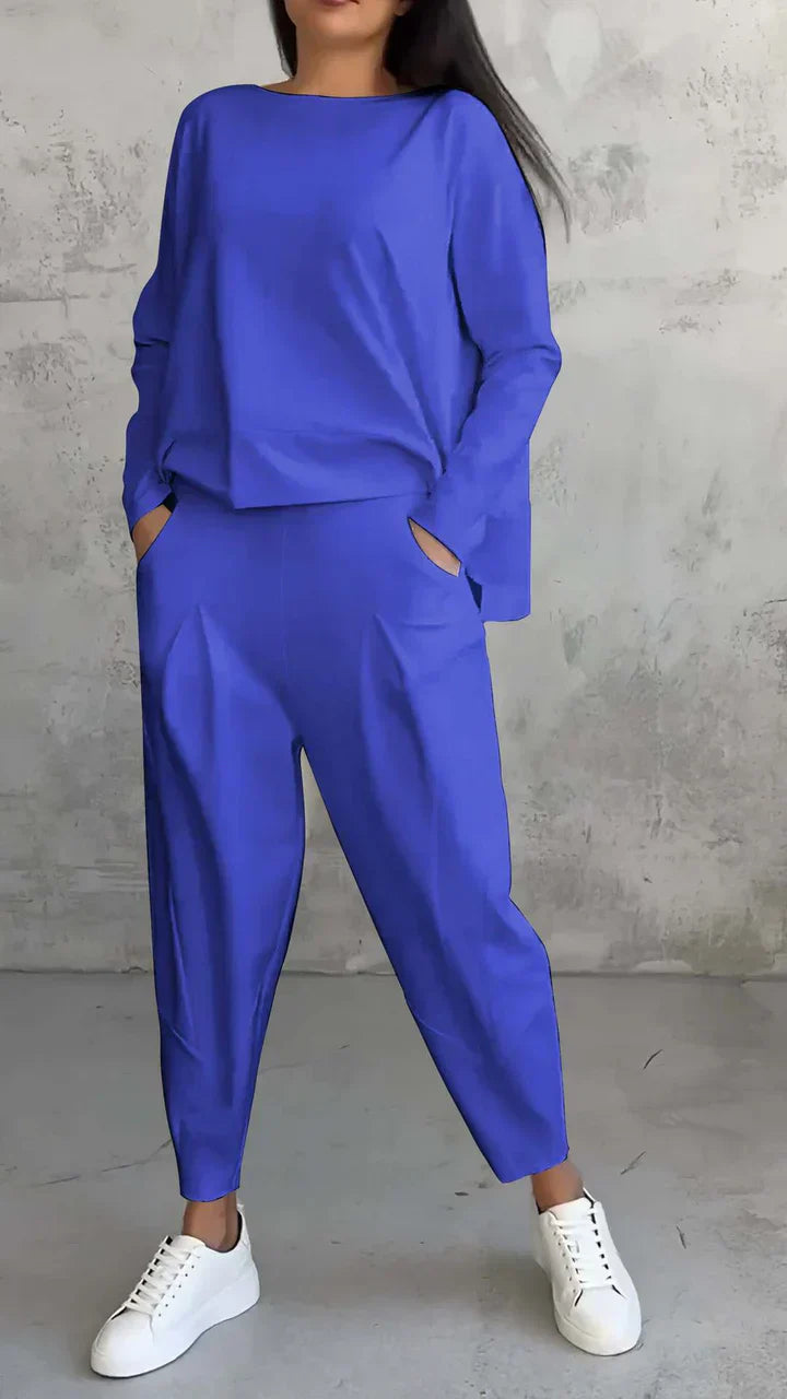 Damen Zweiteiler Set: Lässiger Oversize Pullover & Hose-Blau-S-Luzern Mode