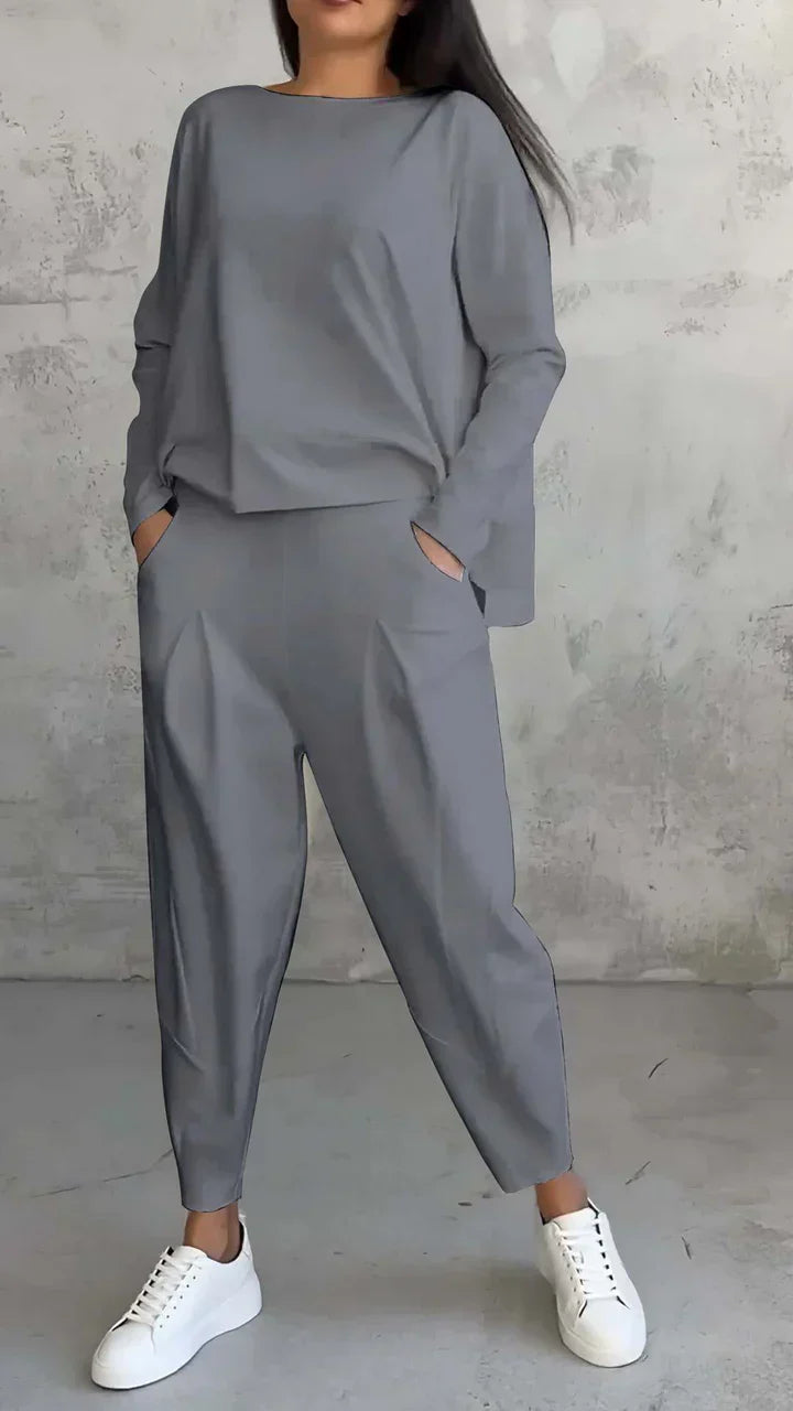 Damen Zweiteiler Set: Lässiger Oversize Pullover & Hose-Grau-S-Luzern Mode