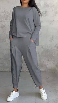 Damen Zweiteiler Set: Lässiger Oversize Pullover & Hose-Grau-S-Luzern Mode