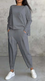 Damen Zweiteiler Set: Lässiger Oversize Pullover & Hose-Grau-S-Luzern Mode