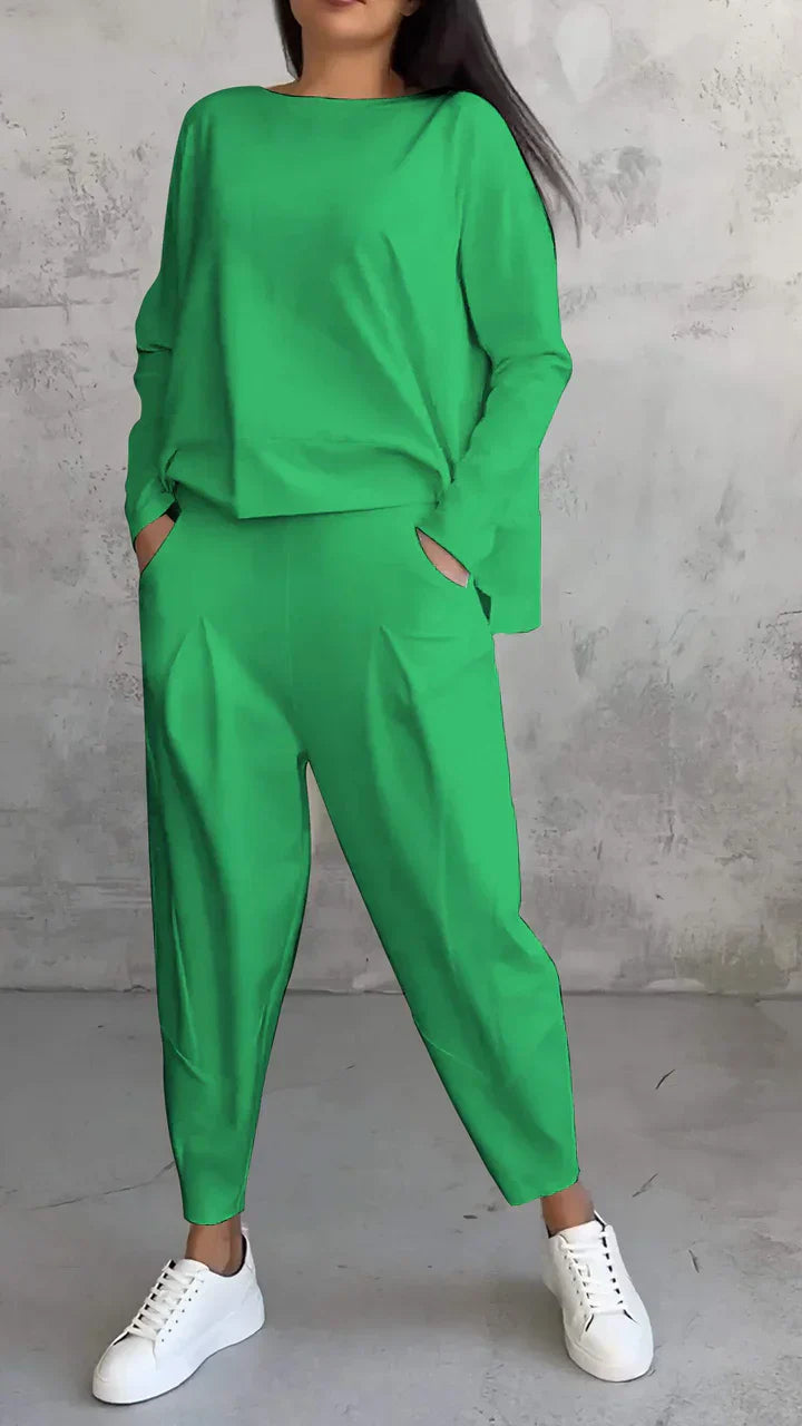 Damen Zweiteiler Set: Lässiger Oversize Pullover & Hose-Grün-S-Luzern Mode