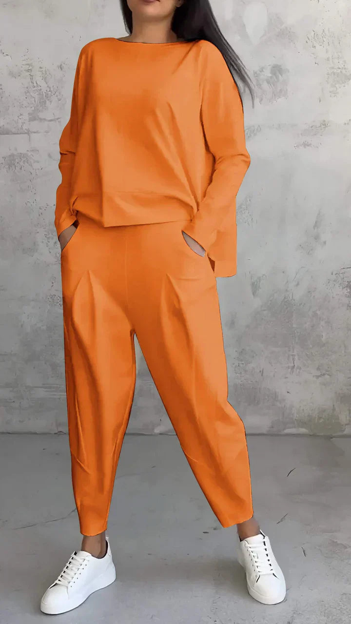 Damen Zweiteiler Set: Lässiger Oversize Pullover & Hose-Orange-S-Luzern Mode