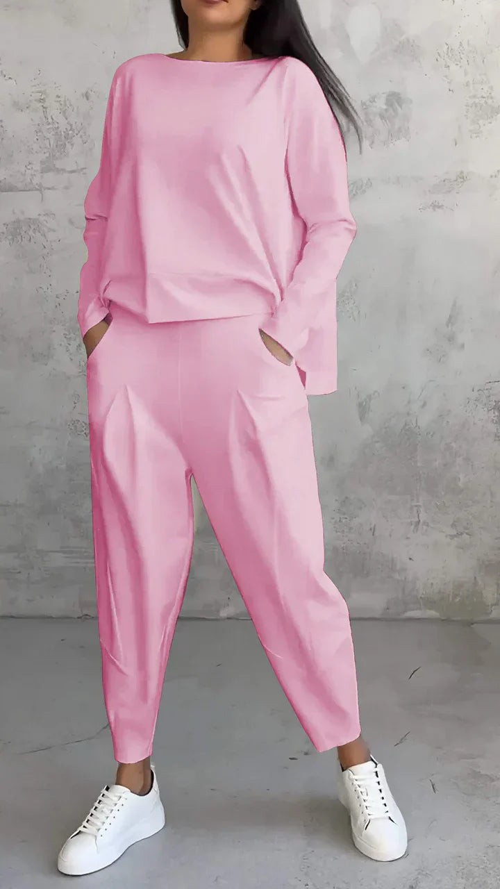 Damen Zweiteiler Set: Lässiger Oversize Pullover & Hose-Rosa-S-Luzern Mode