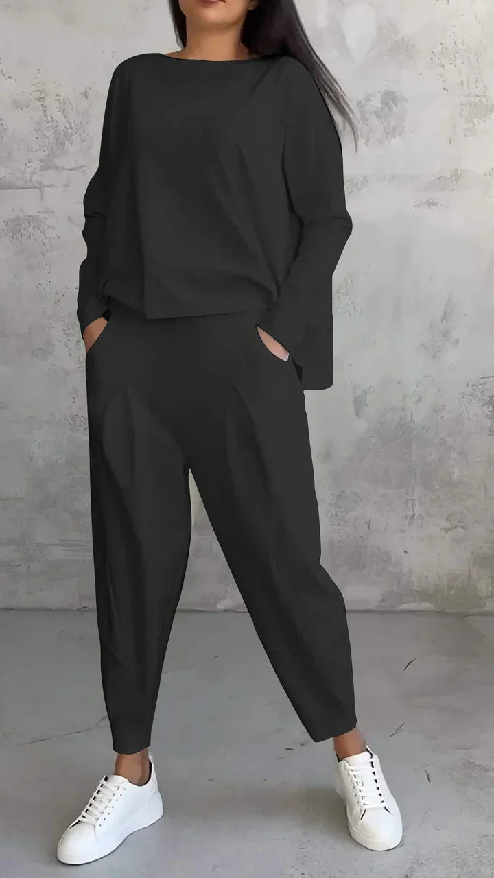 Damen Zweiteiler Set: Lässiger Oversize Pullover & Hose-Schwarz-S-Luzern Mode