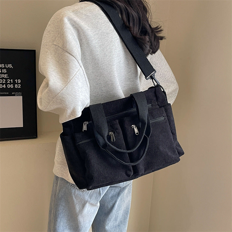 Damen Cord Schultertasche mit Reißverschluss und Fächern-Luzern Mode