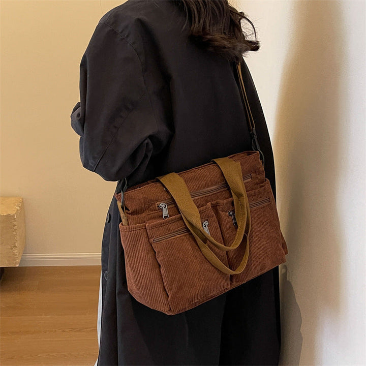 Damen Cord Schultertasche mit Reißverschluss und Fächern-Luzern Mode