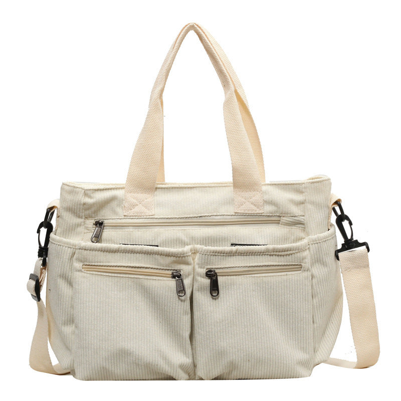 Damen Cord Schultertasche mit Reißverschluss und Fächern-Beige-Luzern Mode