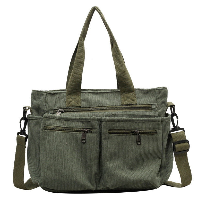 Damen Cord Schultertasche mit Reißverschluss und Fächern-Grün-Luzern Mode