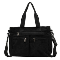 Damen Cord Schultertasche mit Reißverschluss und Fächern-Schwarz-Luzern Mode