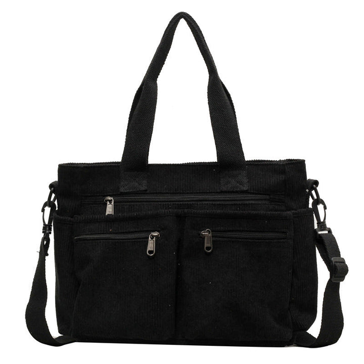 Damen Cord Schultertasche mit Reißverschluss und Fächern-Schwarz-Luzern Mode