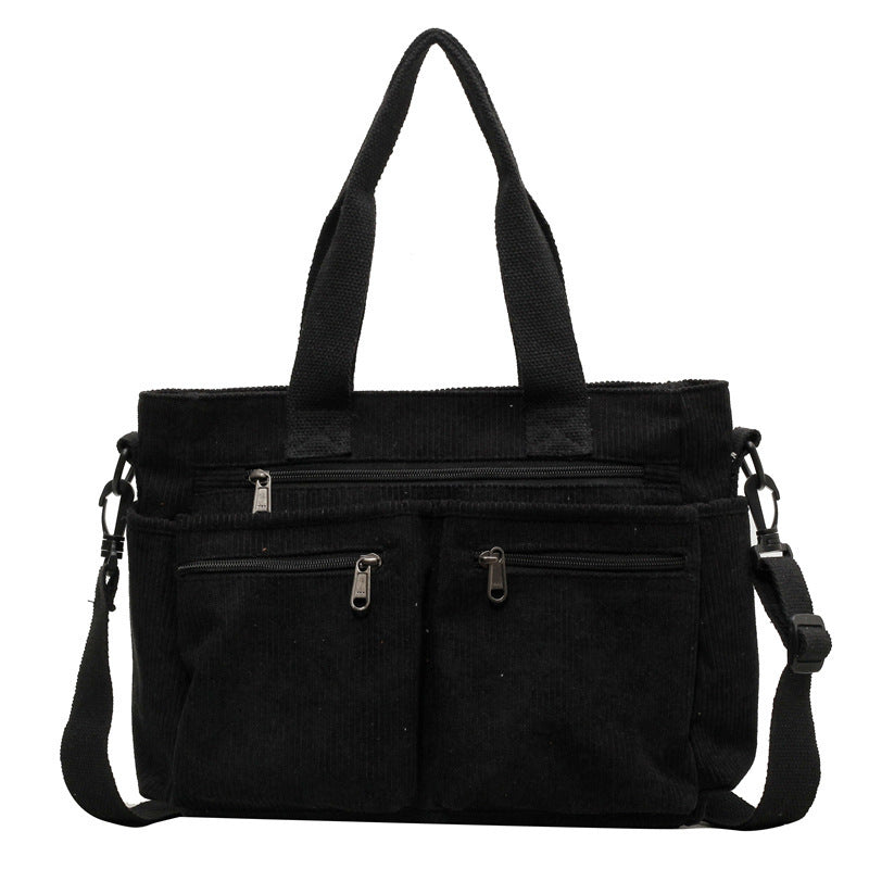 Damen Cord Schultertasche mit Reißverschluss und Fächern-Schwarz-Luzern Mode