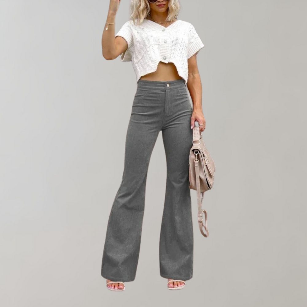 Damen High Waist Schlaghose mit Knopfverschluss Trendy-Grau-S-Luzern Mode