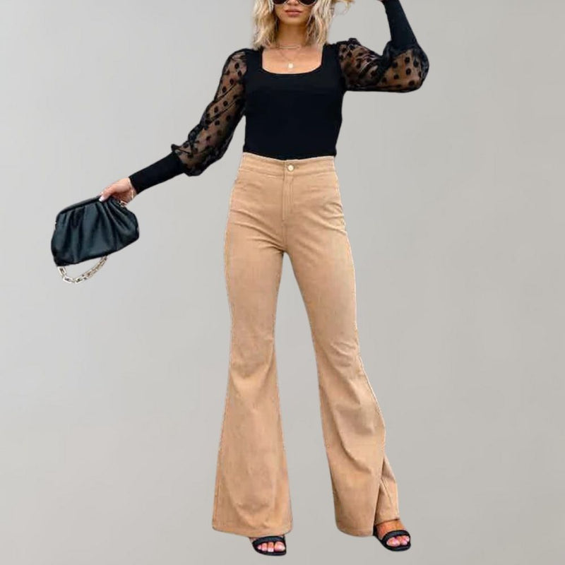 Damen High Waist Schlaghose mit Knopfverschluss Trendy-Khaki-S-Luzern Mode