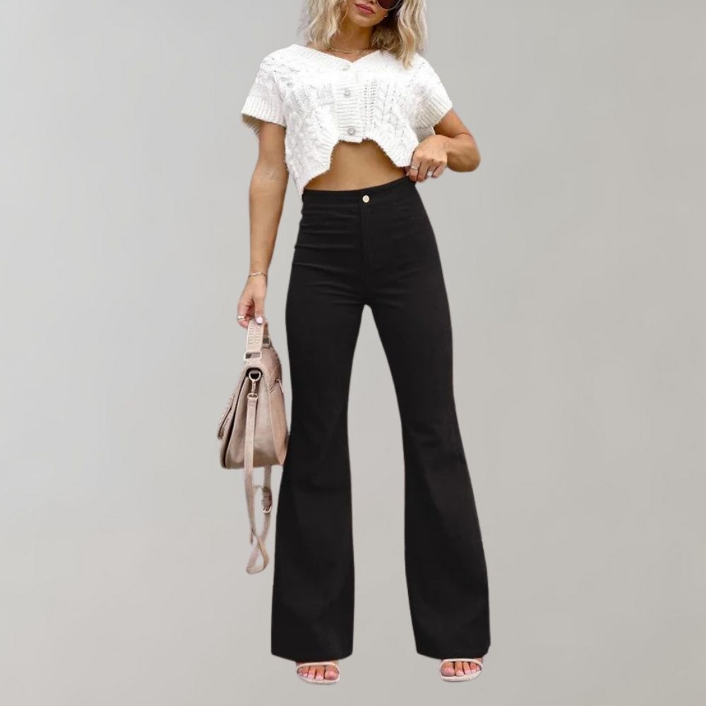 Damen High Waist Schlaghose mit Knopfverschluss Trendy-Schwarz-S-Luzern Mode