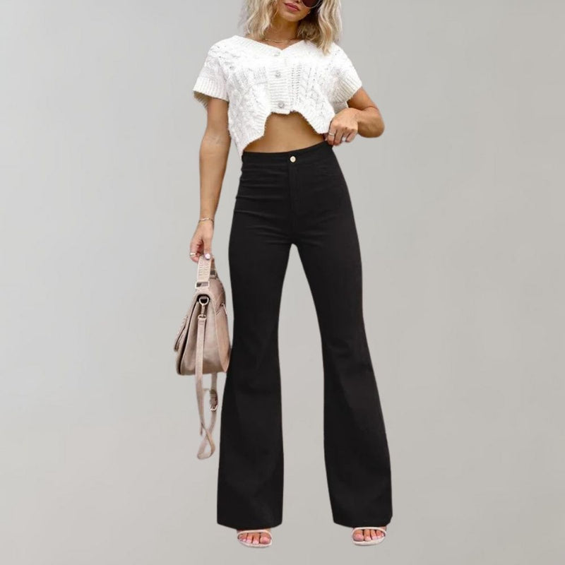 Damen High Waist Schlaghose mit Knopfverschluss Trendy-Schwarz-S-Luzern Mode