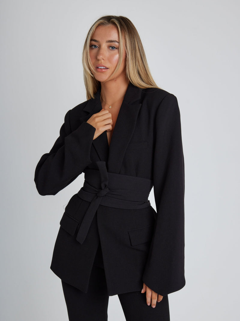 Damen Blazer mit Gürtel - Eleganter Business Look-S-Schwarz-Luzern Mode