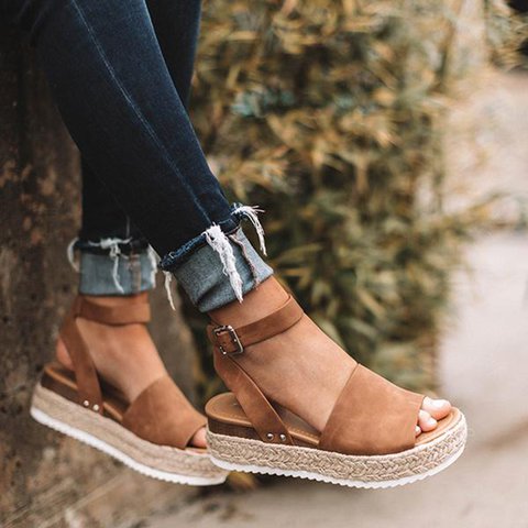 Damen Espadrille Sandalen | Keilabsatz | Offen | Fesselband | Verstellbar-Braun-35-Luzern Mode