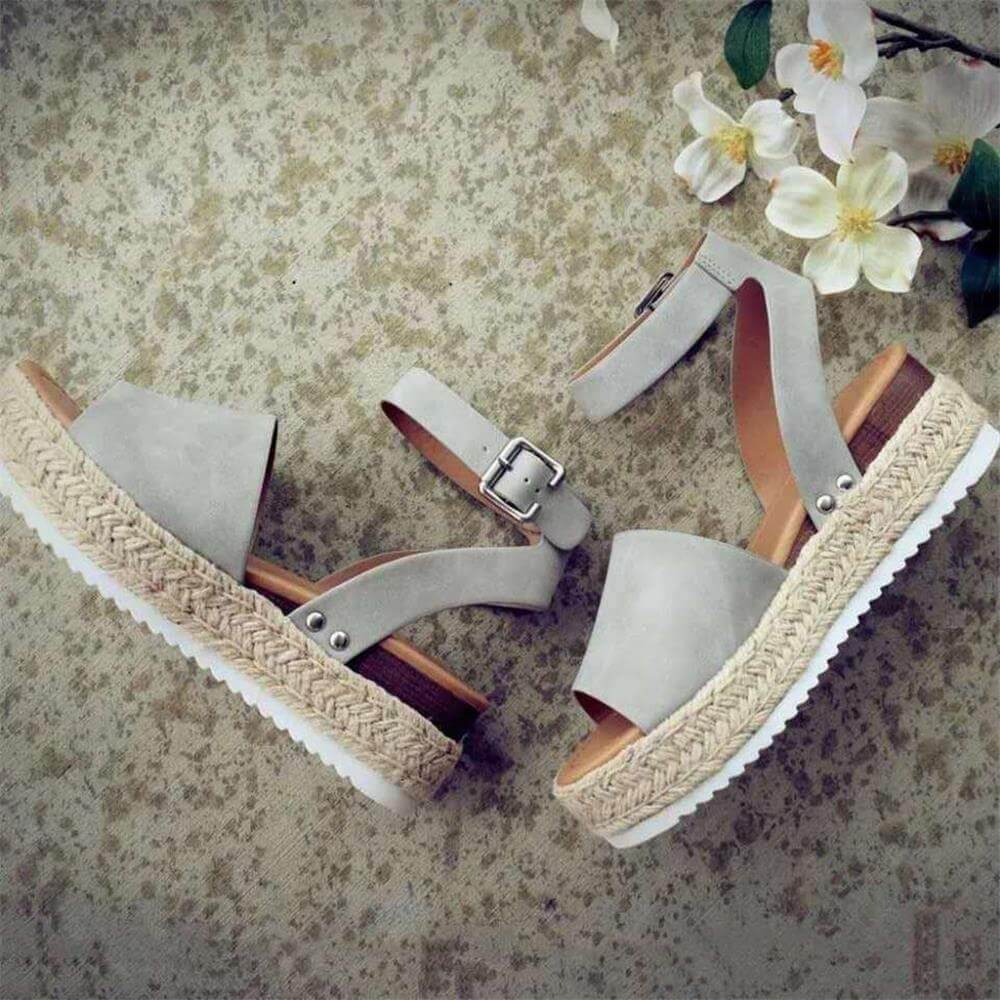 Damen Espadrille Sandalen | Keilabsatz | Offen | Fesselband | Verstellbar-Grau-35-Luzern Mode