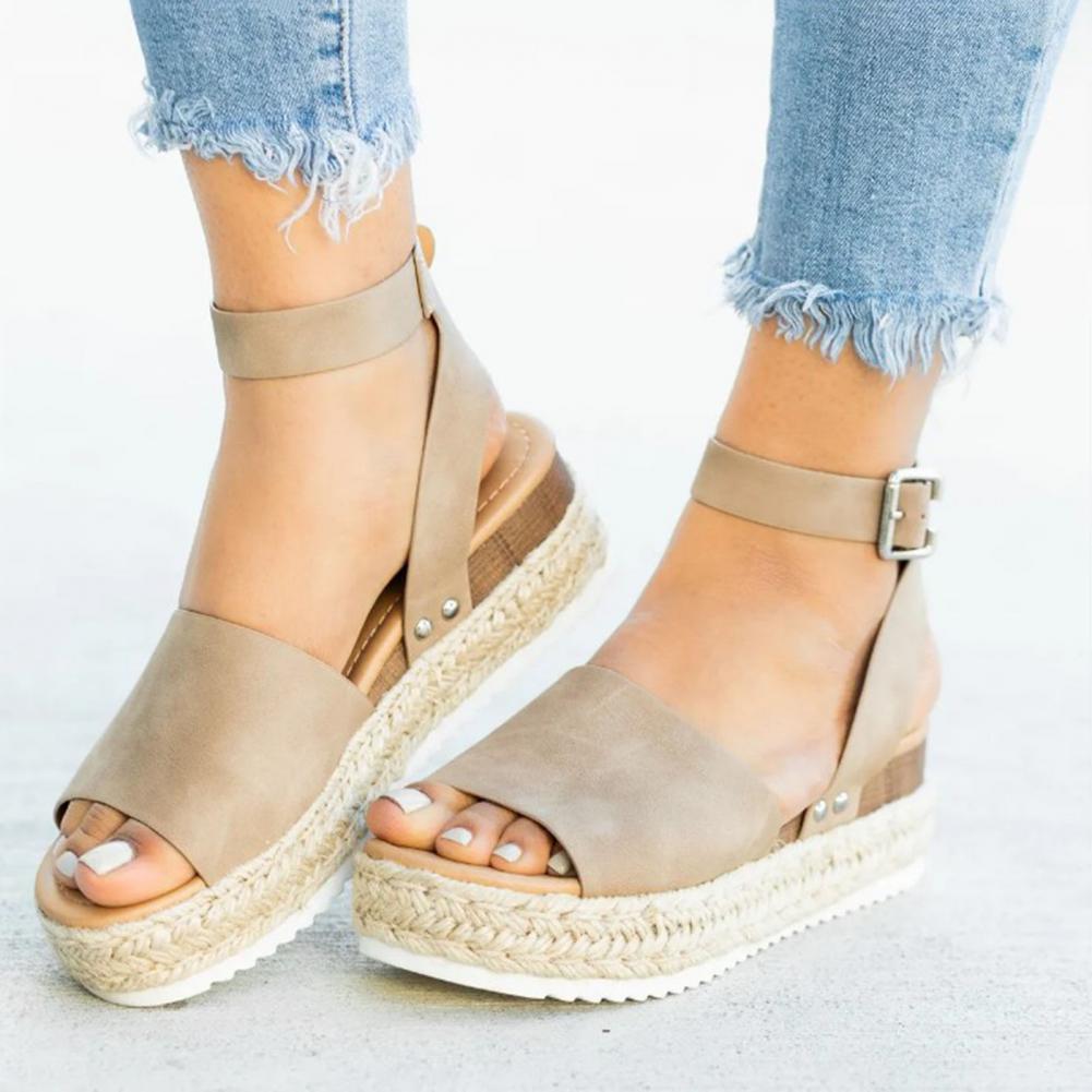 Damen Espadrille Sandalen | Keilabsatz | Offen | Fesselband | Verstellbar-Khaki-35-Luzern Mode