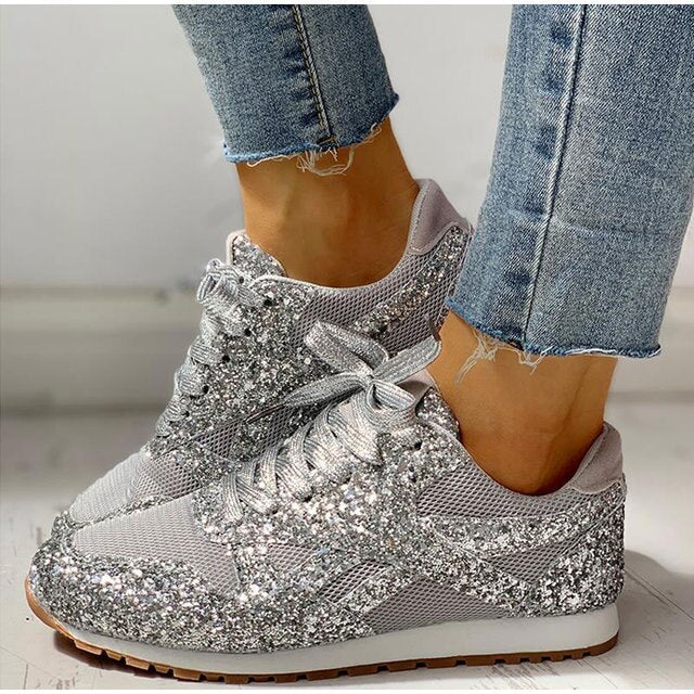 Glitzer Sneaker Damen - Bequeme Freizeitschuhe mit Stil-Silber-35-Luzern Mode