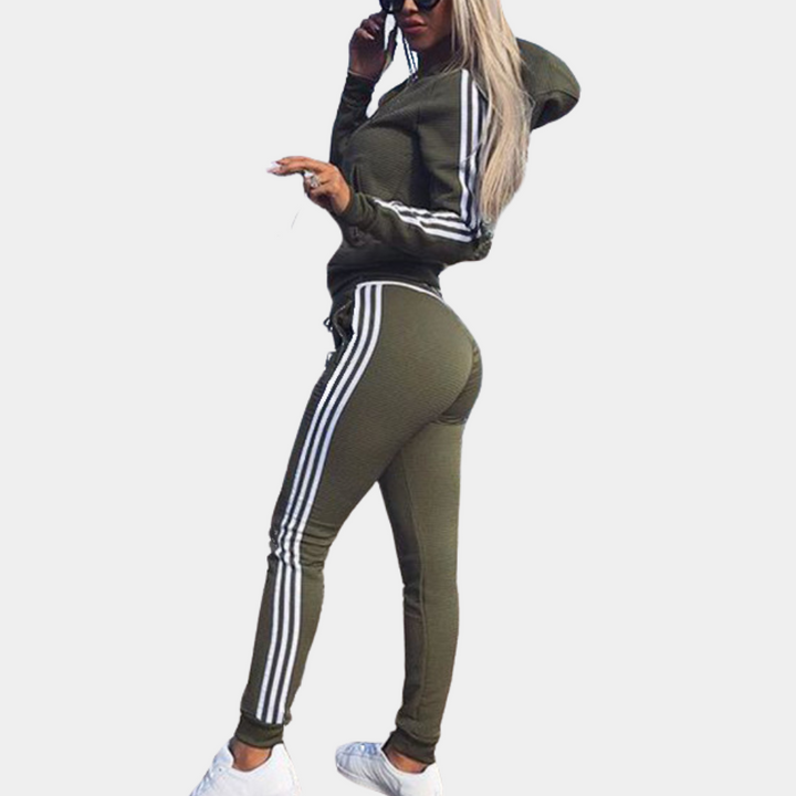 Damen Sportanzug mit Kapuze und Streifen-Design-Olivgrün-XS-Luzern Mode