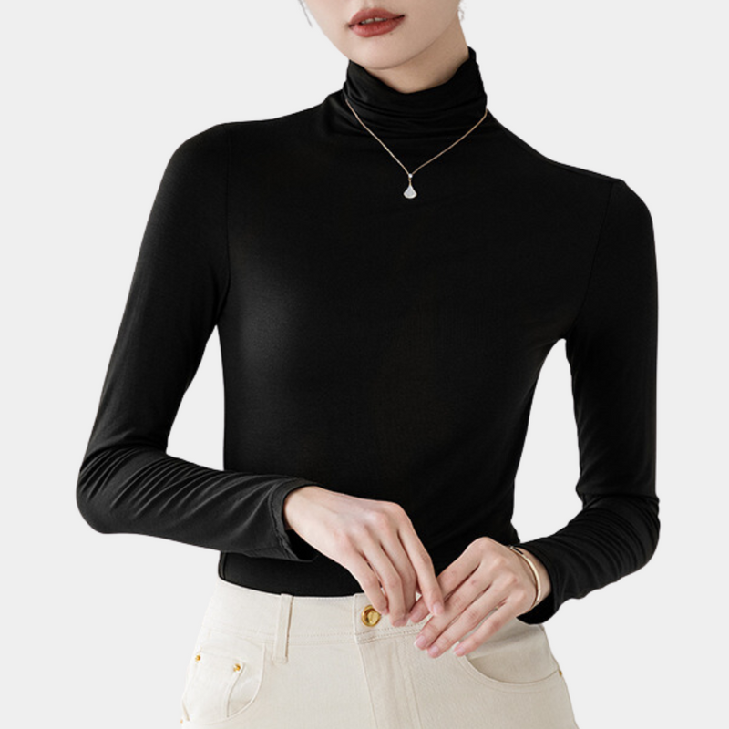 Damen Rollkragenpullover Langarm Slim Fit Basic Shirt-Schwarz-XS-Luzern Mode